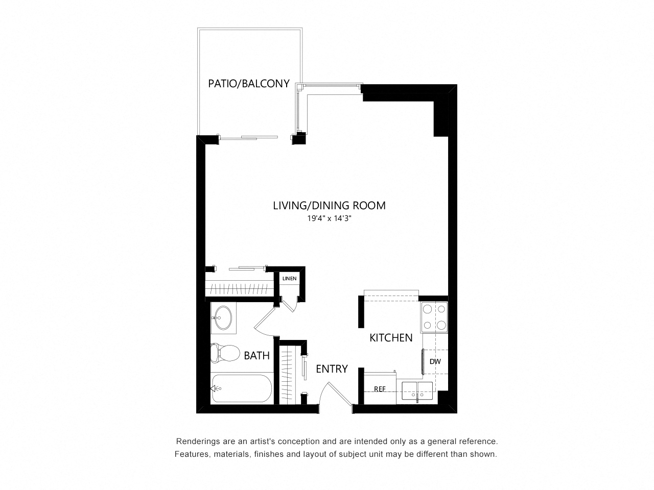Floor plan for studio, 1 bath, 442 sqft